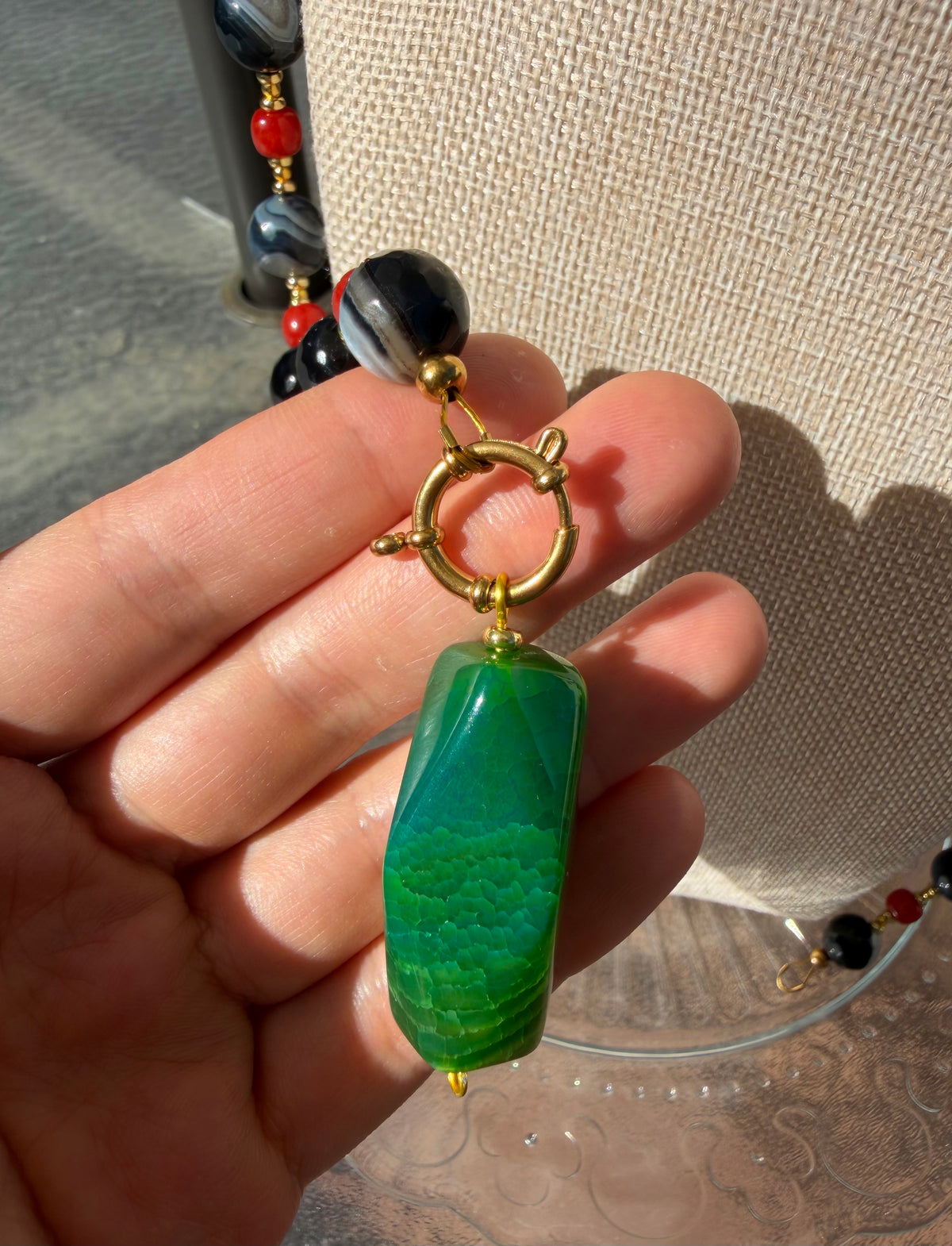 Quartz Symbiosis Agate, Southern Red Agate & Green Dragon Vein Agate Pendant Necklace