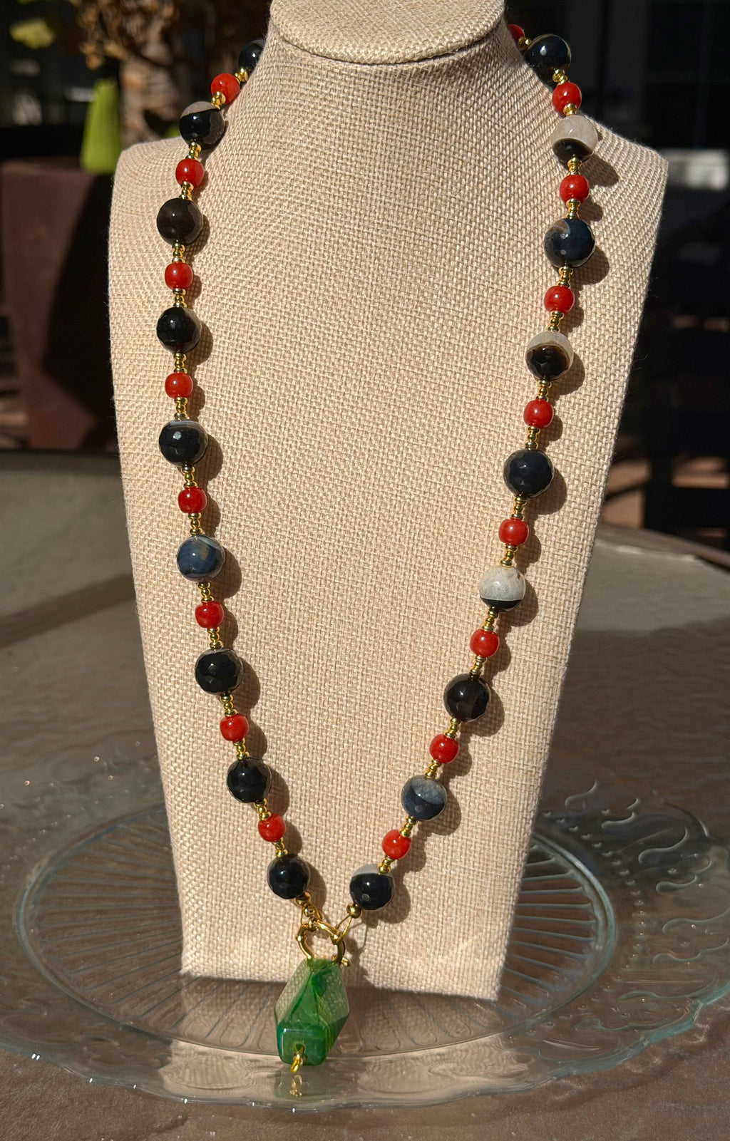 Quartz Symbiosis Agate, Southern Red Agate & Green Dragon Vein Agate Pendant Necklace
