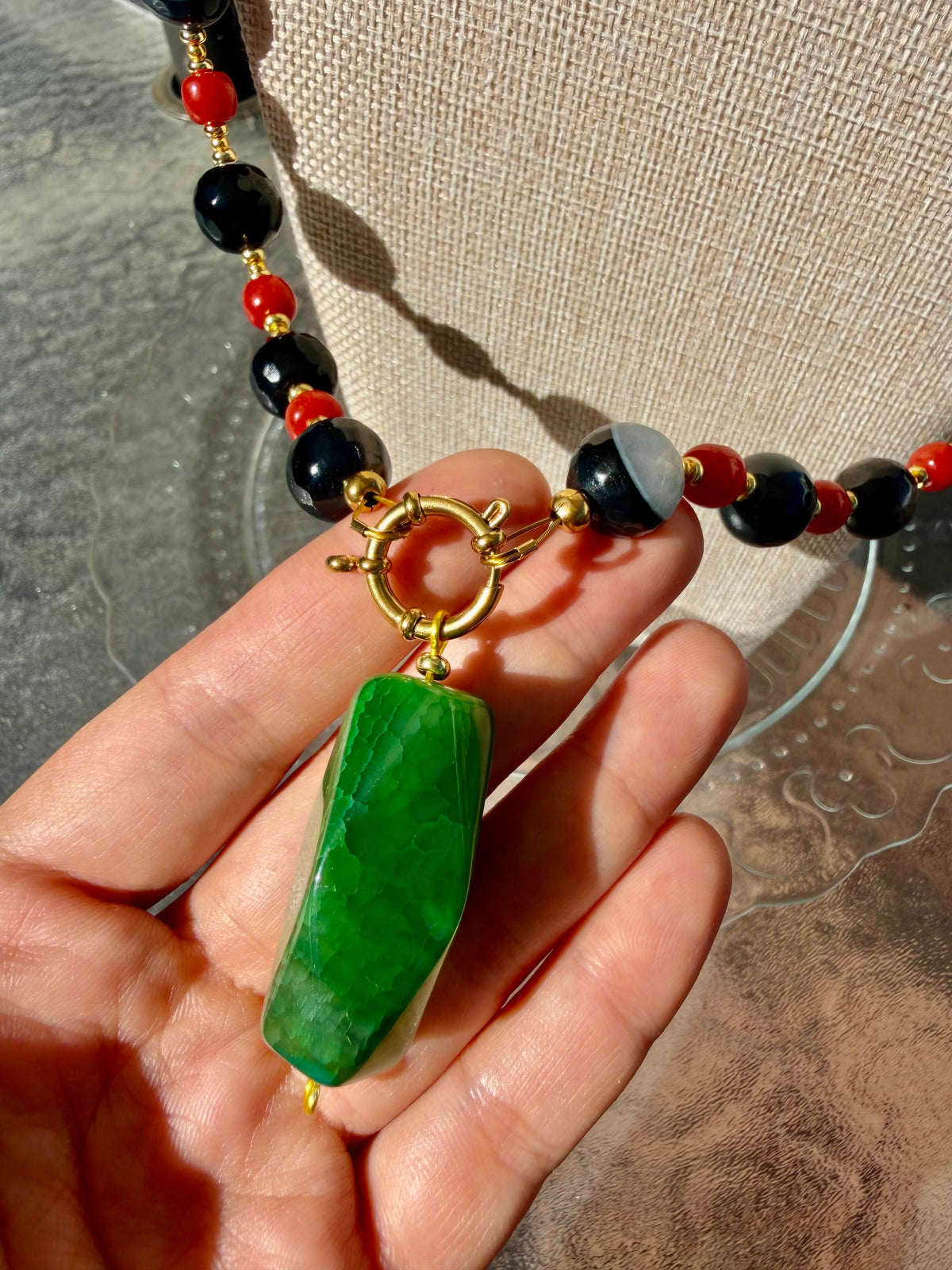 Quartz Symbiosis Agate, Southern Red Agate & Green Dragon Vein Agate Pendant Necklace